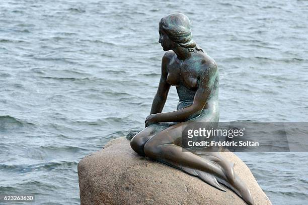General view of the Mermaid statue along a Copenhagen canal on November 9, 2016 in Copenhagen, Denmark.