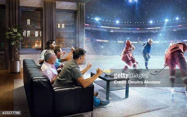 adults watching very realistic ice hockey game at home - ice hockey stockfoto's en -beelden
