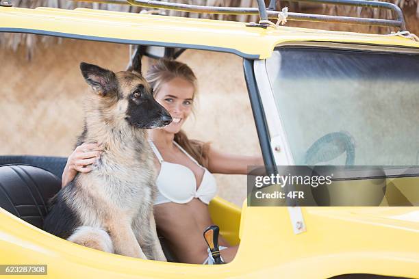 woman driving a beach buggy with her dog - dune buggy stock pictures, royalty-free photos & images