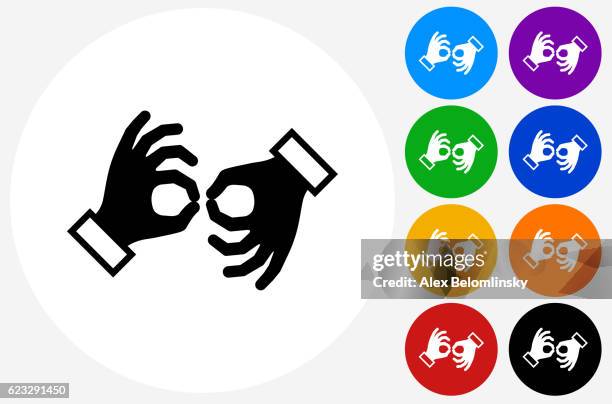 sign language icon on flat color circle buttons - interpreter stock illustrations