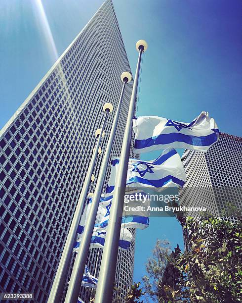 israelí torre asraeli y el parque temático six banderas, tel aviv - bandera a media asta fotografías e imágenes de stock