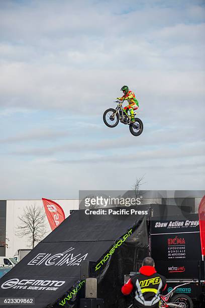 The performance of Show Action Group Acrobatic Trial Team with Samuele Zuccali "ZUCCA". EICMA 2016 International Bicycle and Motorcycle Exhibition,...