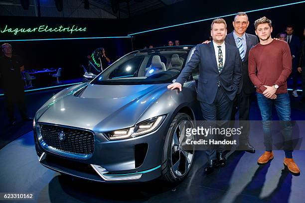 Personality James Corden, actor Vinnie Jones, and singer Niall Horan with the Jaguar I-PACE Concept, an all-electric performance SUV, ahead of its...