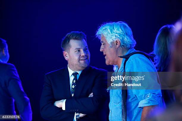 Personality/host James Corden and comedian Jay Leno attend the Jaguar I-PACE Concept, the brand's first-ever electric car, reveal at MILK Studios in...