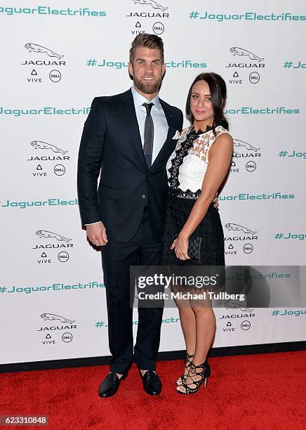 Baseball player Bryce Harper and Kayla Varner attend Jaguar's unveiling event for their next era vehicle at Milk Studios on November 14, 2016 in Los...