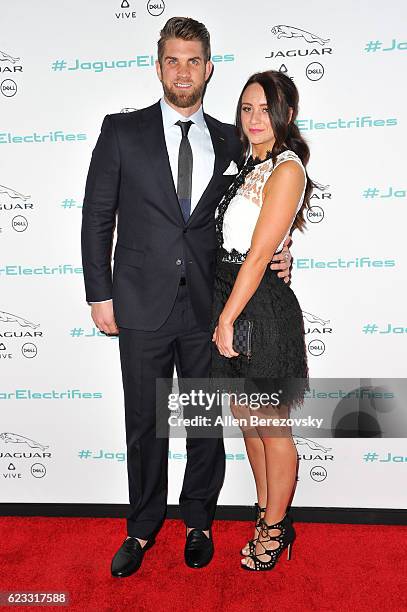 Player Bryce Harper and fiance Kayla Varner attend the Next Era Jaguar Vehicle Unveiling Event at Milk Studios on November 14, 2016 in Los Angeles,...