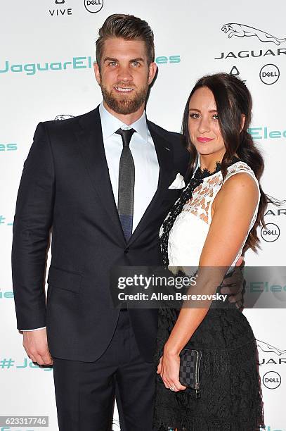 Player Bryce Harper and fiance Kayla Varner attend the Next Era Jaguar Vehicle Unveiling Event at Milk Studios on November 14, 2016 in Los Angeles,...