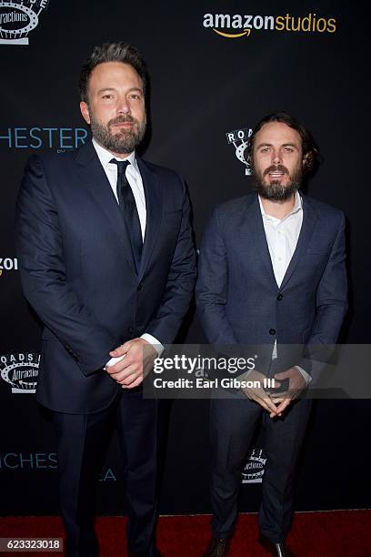 Actors Ben Affleck and Casey Affleck attend the Premiere Of Amazon Studios "Manchester By The Sea" at Samuel Goldwyn Theater on November 14, 2016 in...