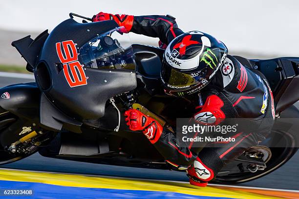 Jorge Lorenzo from Spain testing for first time the Ducati during the colective tests of Moto GP at Circuito de Valencia Ricardo Tormo on November...