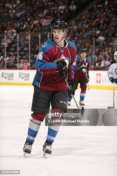 Mikko Rantanen of the Colorado Avalanche skates against the Winnipeg Jets at the Pepsi Center on November 11, 2016 in Denver, Colorado.