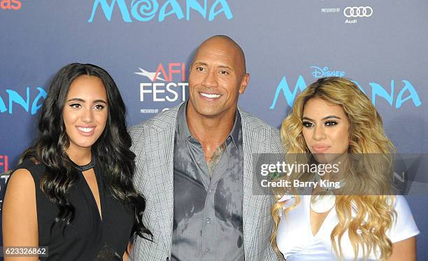 Actor Dwayne Johnson and his daughter Simone Alexandra Johnson and singer Dinah Jane Hansen of Fifth Harmony attend AFI FEST 2016 Presented By Audi -...