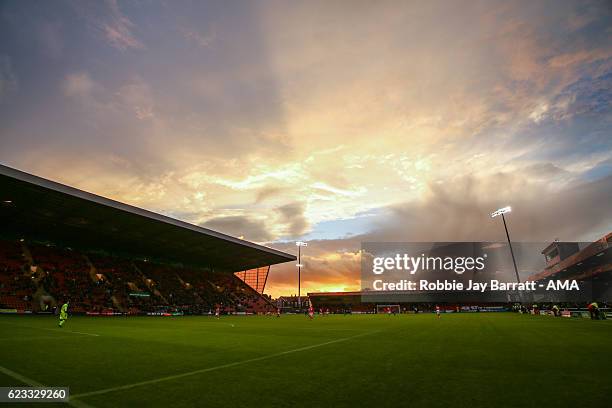 General view of Gresty Road, Alexandra Stadium, home stadium of Crewe Alexandra at dusk during the Sky Bet League Two match between Crewe Alexandra v...