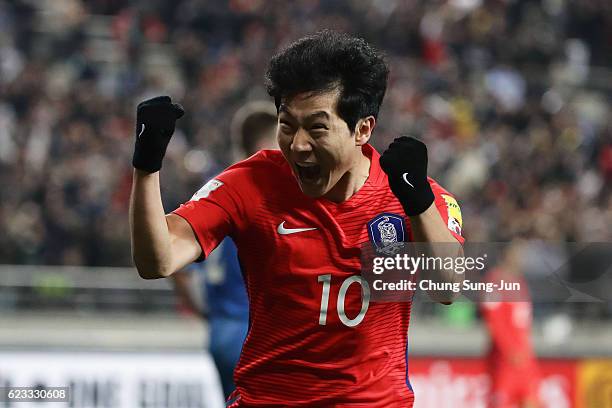 Nam Taehee of South Korea celebrates scoring his team's first goal during the 2018 FIFA World Cup qualifying match between South Korea and Uzbekistan...
