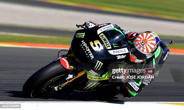 Monster Yamaha Tech 3 Team's French Johann Zarco rides during the Moto GP test days at the Ricardo Tormo racetrack in Cheste, on November 15, 2016. /...