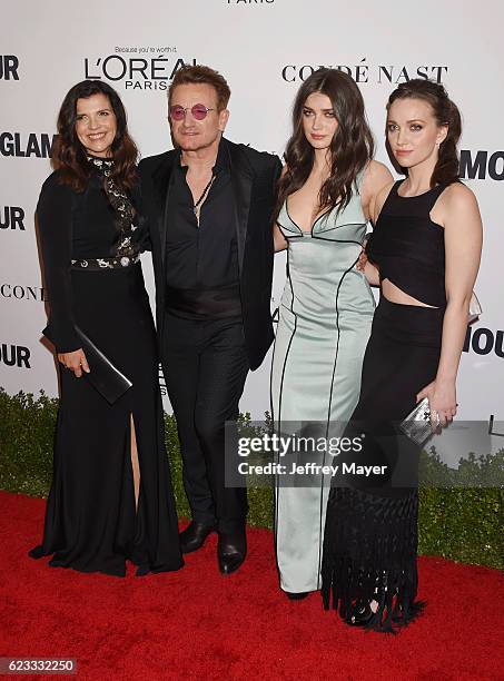 Alison Hewson, honoree/singer Bono, actress Eve Hewson, and Jordan Hewson arrive at the Glamour Women Of The Year 2016 at NeueHouse Hollywood on...