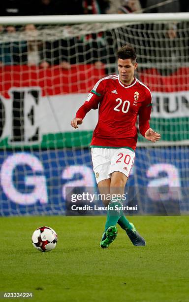 Richard Guzmics of Hungary passes the ball during the FIFA 2018 World Cup Qualifier match between Hungary and Andorra at Groupama Arena on November...