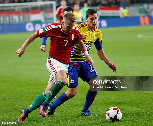 Balazs Dzsudzsak of Hungary competes for the ball with Max Llovera of Andorra during the FIFA 2018 World Cup Qualifier match between Hungary and...