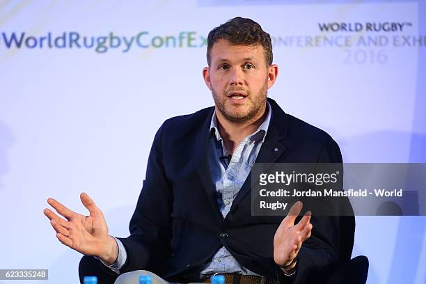 Karl Hogan, Global Head of League and Data Partnerships for Catapult talks during Day 2 of the World Rugby via Getty Images Conference and Exhibition...