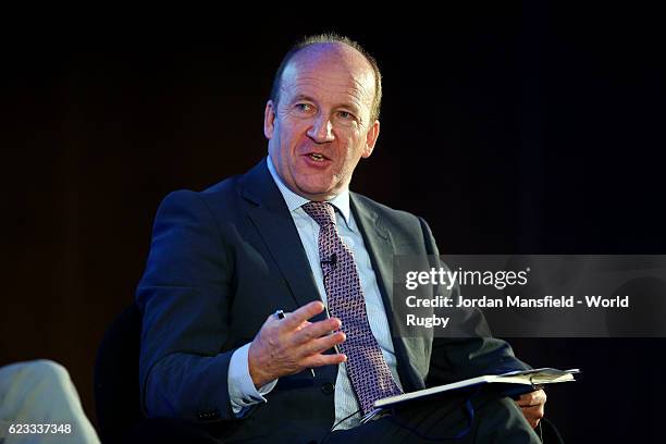 David Eades of BBC World talks during Day 2 of the World Rugby via Getty Images Conference and Exhibition 2016 at the Hilton London Metropole on...