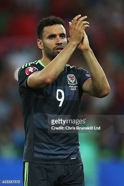 Hal Robson-Kanu of Wales applauds the supporters at full-time following the UEFA Euro 2016 Semi Final match between Portugal and Wales at Stade de...