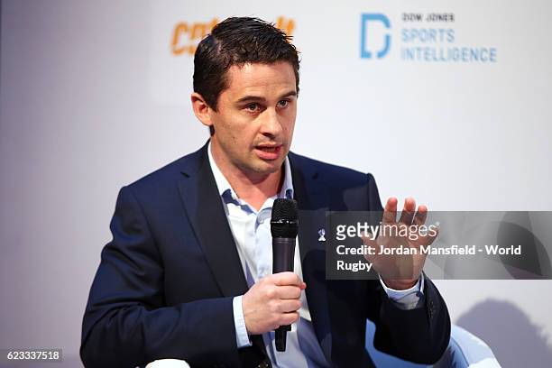 Eoin McHugh of World Rugby via Getty Images speaks during Day 2 of the World Rugby via Getty Images Conference and Exhibition 2016 at the Hilton...
