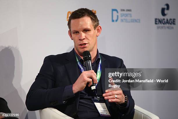 Josh Blackie, Members Services of the IRPA talks during Day 2 of the World Rugby via Getty Images Conference and Exhibition 2016 at the Hilton London...