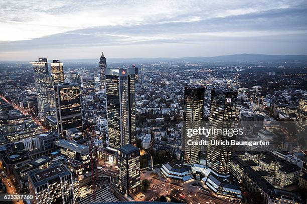 The Frankfurt banking district in the Blue Hour. On the right the head office of Deutsche Bank AG.