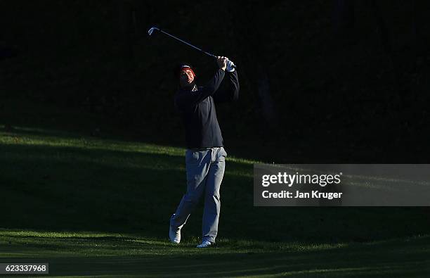 Steven Tiley of England in action during the fourth round of the European Tour qualifying school final stage at PGA Catalunya Resort on November 15,...