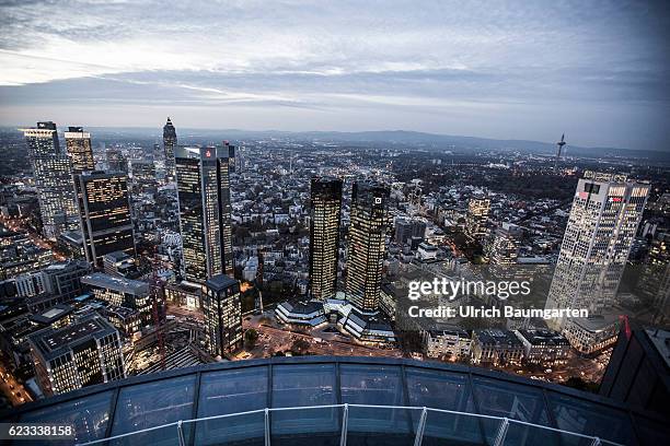 The Frankfurt banking district in the Blue Hour. In the middle the head office of Deutsche Bank AG.