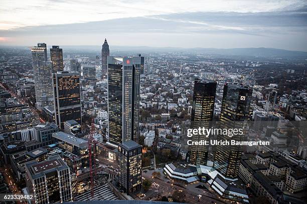 The Frankfurt banking district in the Blue Hour. On the right the head office of Deutsche Bank AG.