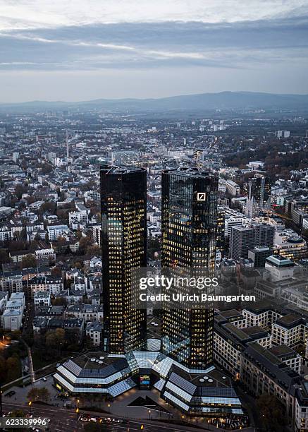 The Frankfurt banking district in the Blue Hour. The picture shows the head office of Deutsche Bank AG.