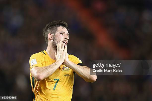 Mathew Leckie of the Socceroos shows his frustration after a missed chance during the 2018 FIFA World Cup Qualifier match between Thailand and the...