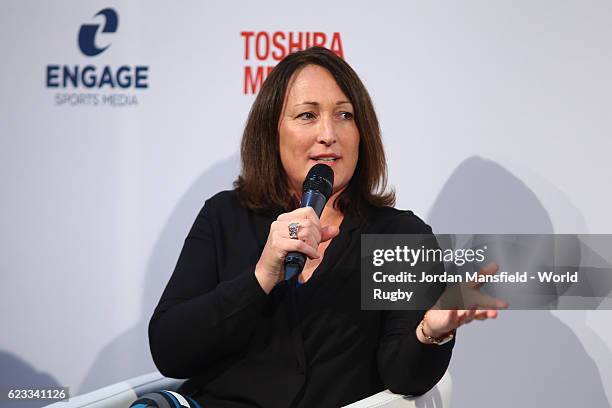 Fiona Taag, Global Sponsorship Manager for DHL talks during Day 2 of the World Rugby via Getty Images Conference and Exhibition 2016 at the Hilton...