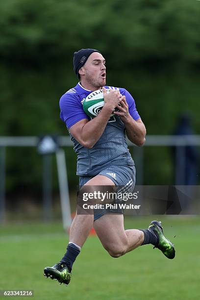 Israel Dagg of the All Blacks takes a pass during a New Zealand All Blacks training session at the Westmanstown Sports Complex on November 15, 2016...