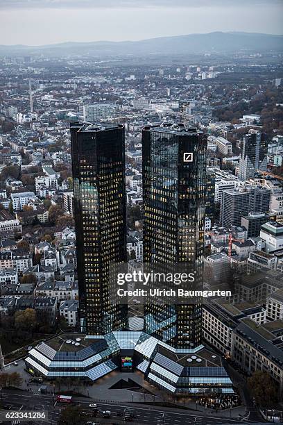 The Frankfurt banking district in the Blue Hour. The picture shows the head office of Deutsche Bank AG.