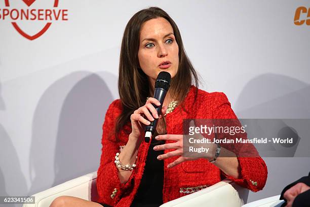 Sophie Morris, Strategic Marketing & Sponsorship Director of Millharbour Marketing talks during Day 2 of the World Rugby via Getty Images Conference...