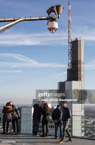 The Frankfurt banking district. The photo shows the head office of Commerzbank AG and tourists on a viewing platform.