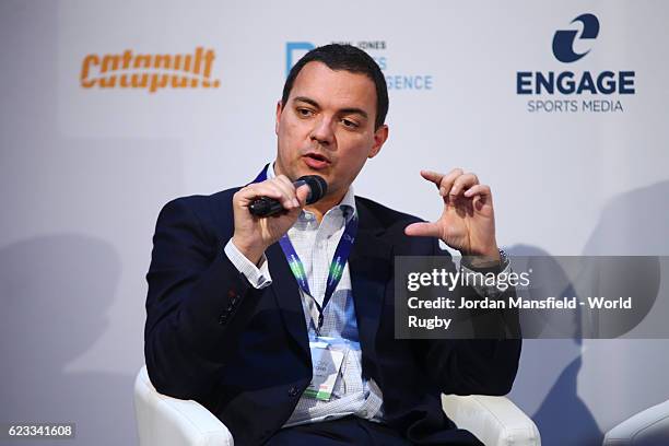Tom Kingsley, Director Sport and Sponsorship for EY, talks during Day 2 of the World Rugby via Getty Images Conference and Exhibition 2016 at the...