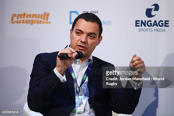 Tom Kingsley, Director Sport and Sponsorship for EY, talks during Day 2 of the World Rugby via Getty Images Conference and Exhibition 2016 at the...