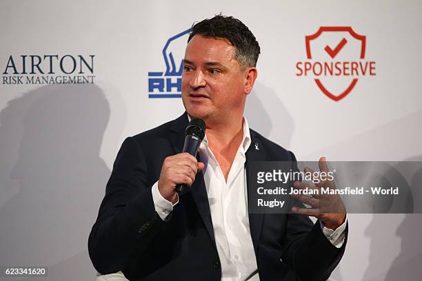 Murray Barnett, Head of Commercial, Marketing and Broadcast for World Rugby via Getty Images talks during Day 2 of the World Rugby via Getty Images...