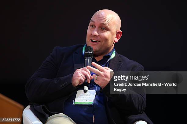 Mark Thompson of SponServe talks during Day 2 of the World Rugby via Getty Images Conference and Exhibition 2016 at the Hilton London Metropole on...