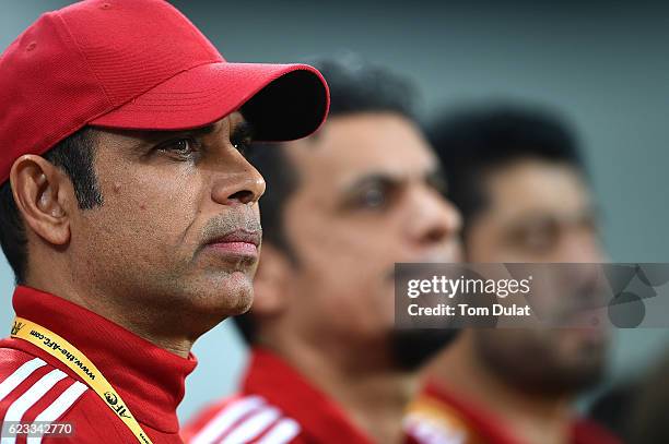 Coach of UAE, Mahdi Ali Hassan Redha looks on prior to the 2018 FIFA World Cup Qualifier match between UAE and Iraq at Mohamed Bin Zayed Stadium on...