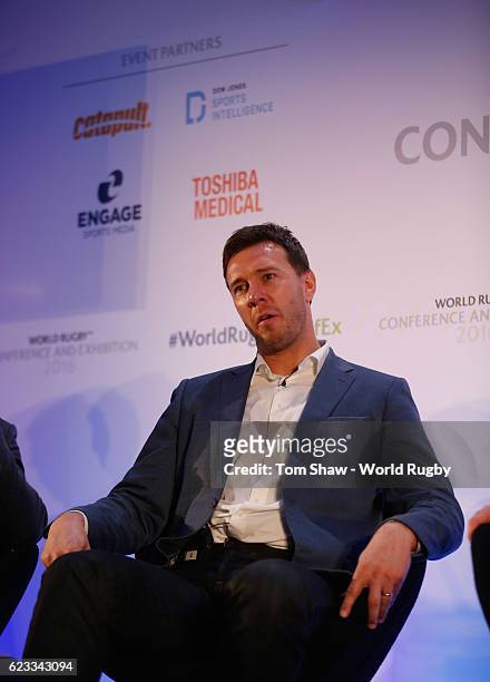 Paul Neilson, Global Head of Performance Lab for STATS talks during the World Rugby via Getty Images Conference and Exhibition 2016 on November 15,...