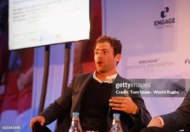 Rob Vickerman, Ex-England Sevens Captain and MD of Work Athlete talks during the World Rugby via Getty Images Conference and Exhibition 2016 on...