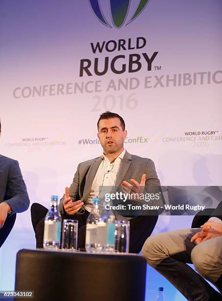 Founder of Kitman Labs Stephen Smith talks during the World Rugby via Getty Images Conference and Exhibition 2016 on November 15, 2016 in London,...