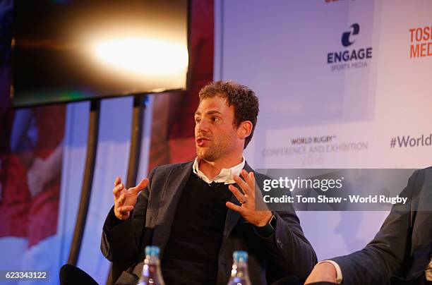 Rob Vickerman, Ex-England Sevens Captain and MD of Work Athlete talks during the World Rugby via Getty Images Conference and Exhibition 2016 on...
