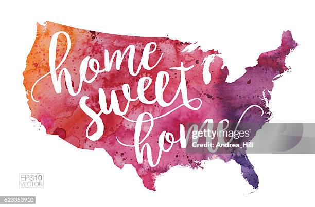 stockillustraties, clipart, cartoons en iconen met home sweet home vector watercolor map of the united states - home sweet home