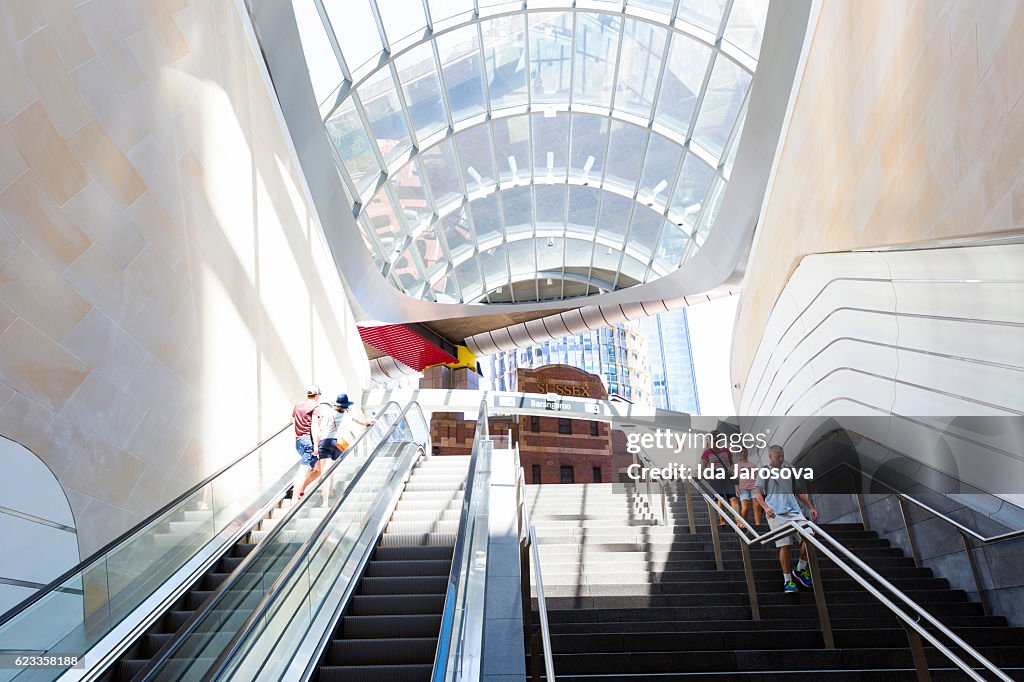 Staircase and escalator to the new underground subway Sydney Australia