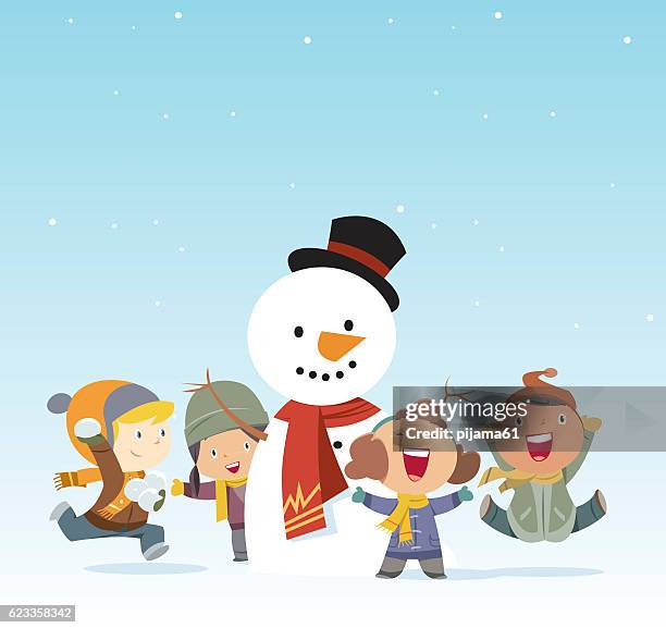 kids and snowman - meet new friends stock illustrations