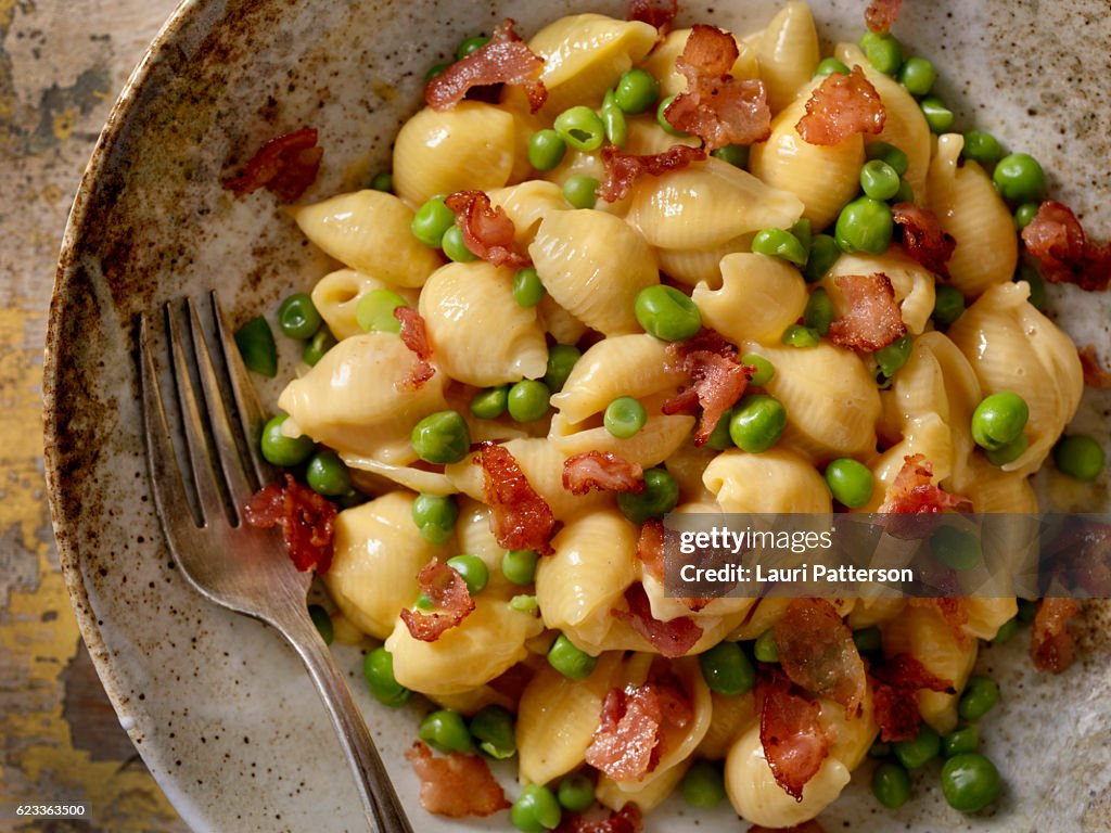 Creamy Shells and Cheese Carbonara with Peas